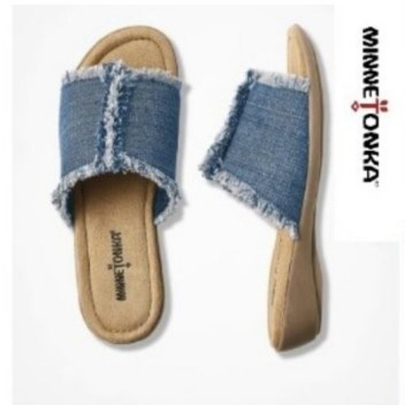 Minnetonka Wedge Sandal Frayed Blue Jean Comfort Slide in Sandal 🆕 Box📦⌚🏃🏻🚚 - Picture 9 of 11